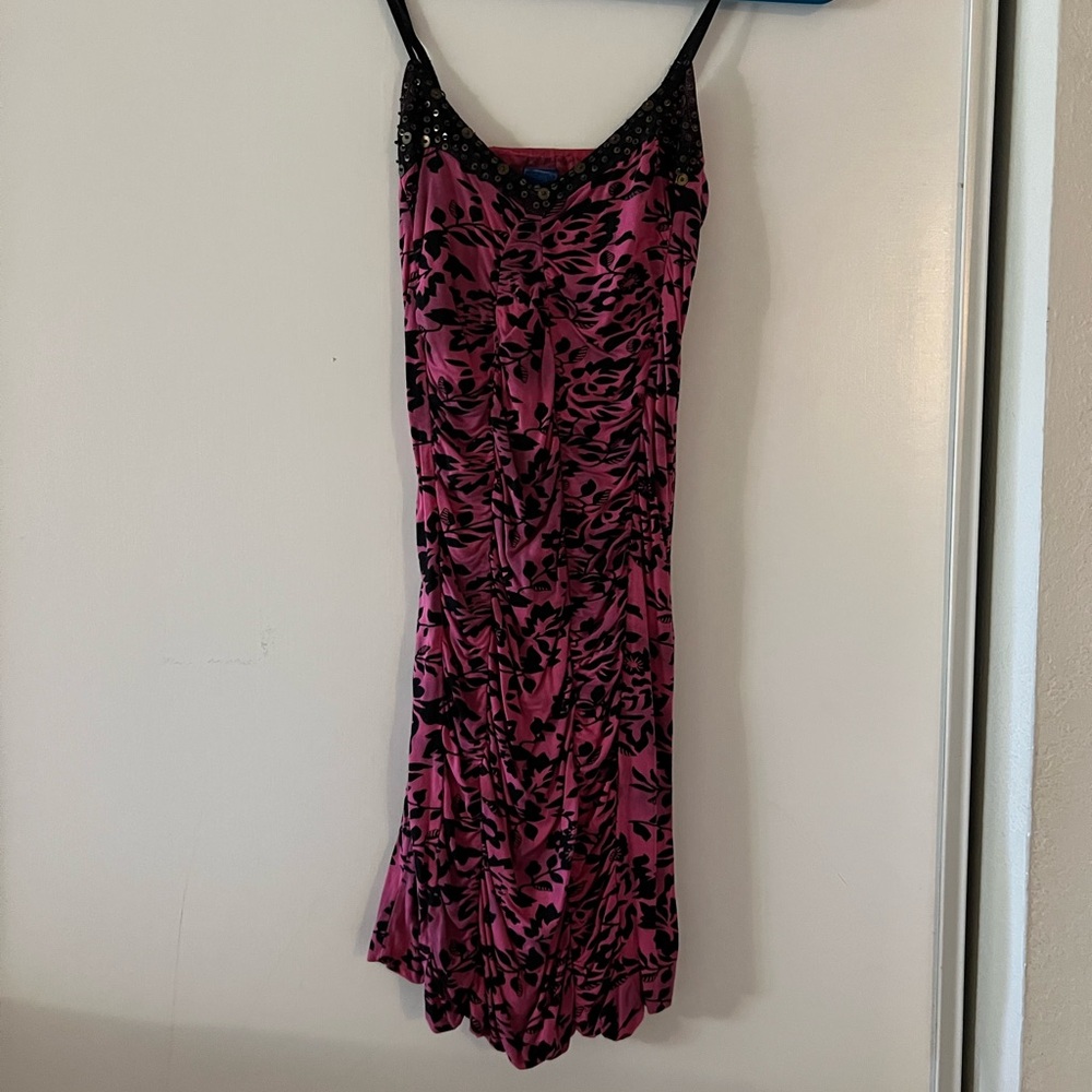 Free People Pink and Black Floral Slip Dress with Beaded Trim